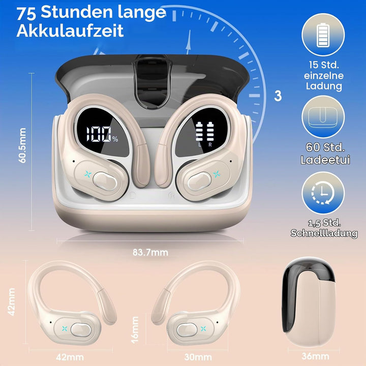 Aptkdoe In Ear Kopfhörer Kabellos Sport, Bluetooth 5.4 Kopfhörer mit ENC Mic, 75 Std Spielzeit, Anpa