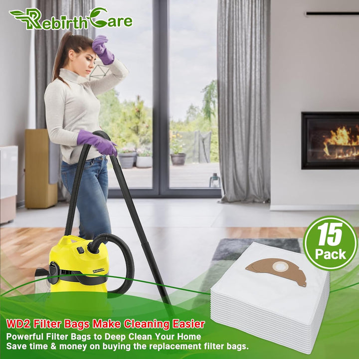 Rebirthcare 15 stück wd2 ersatzbeutel für kärcher 6.904-322.0 mv2 wd 2.200 bis wd 2.550 a2000 bis 20