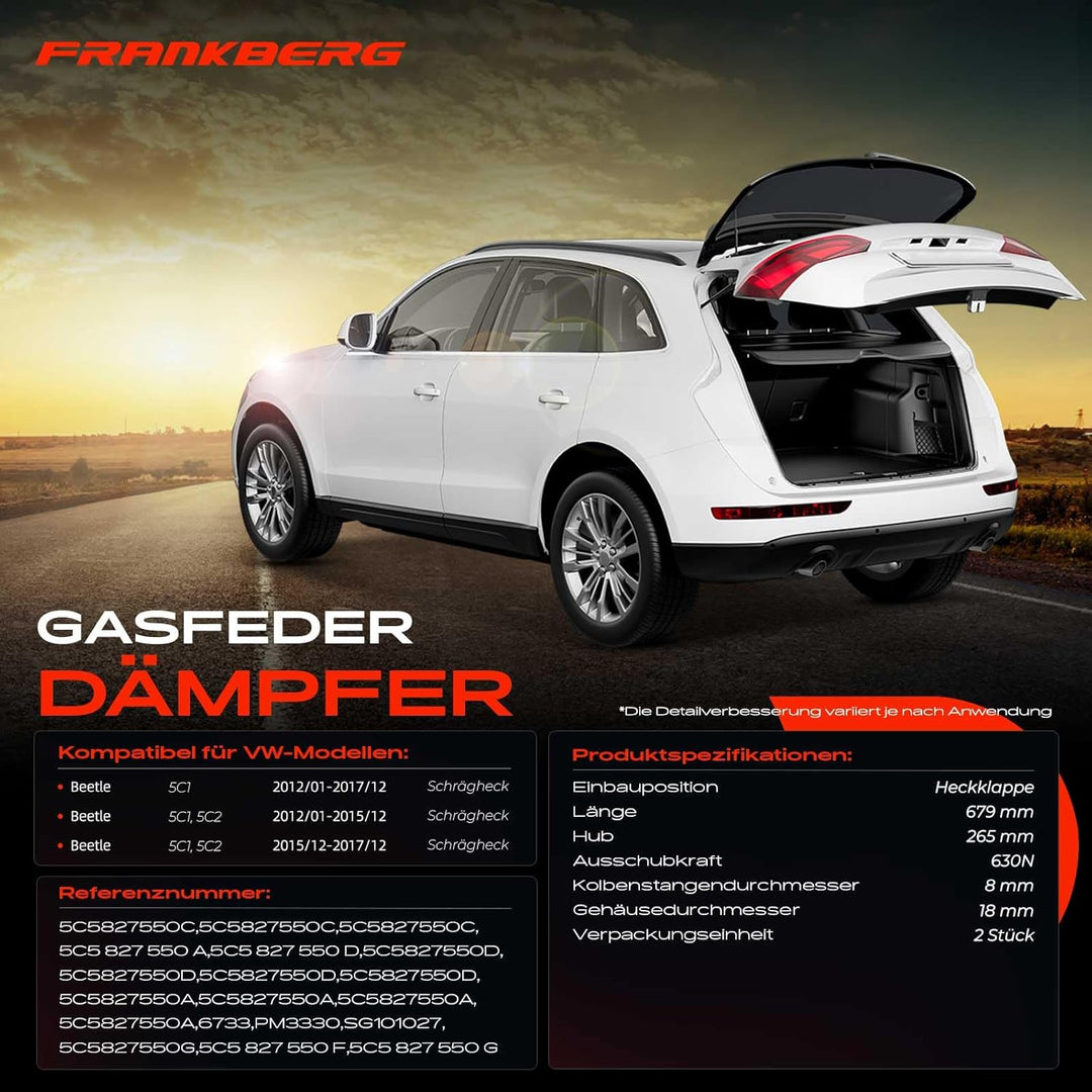 Frankberg 2x Gasfeder Dämpfer Heckklappe Kompatibel mit Beetle 5C1 5C2 Alle Motoren Schrägheck 2012-