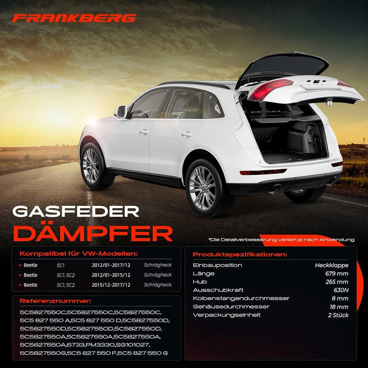 Frankberg 2x Gasfeder Dämpfer Heckklappe Kompatibel mit Beetle 5C1 5C2 Alle Motoren Schrägheck 2012-