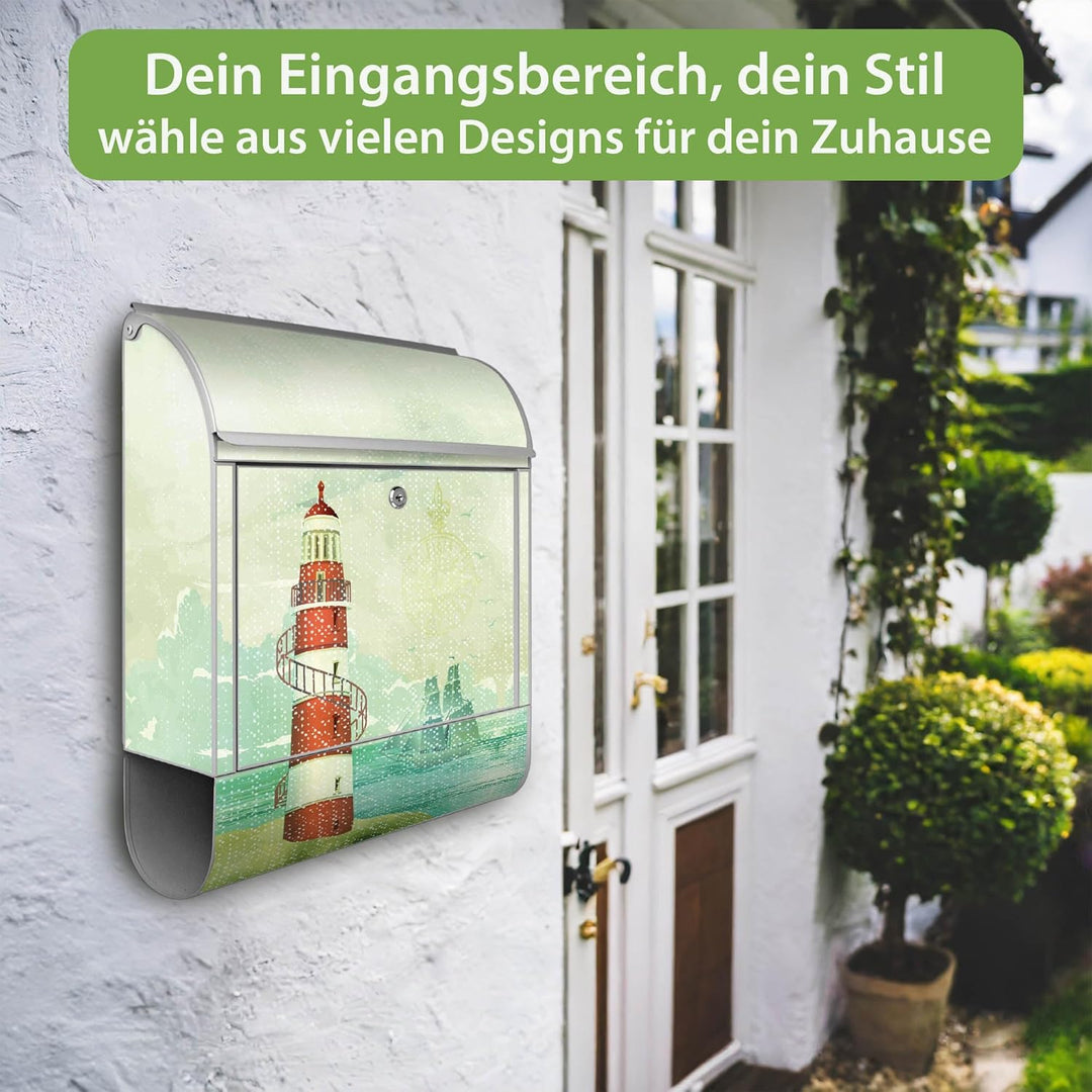 banjado® Design Briefkasten mit Motiv Alter Leuchtturm 39x47x14cm &amp; 2 Schlüssel - Briefkasten Stahl