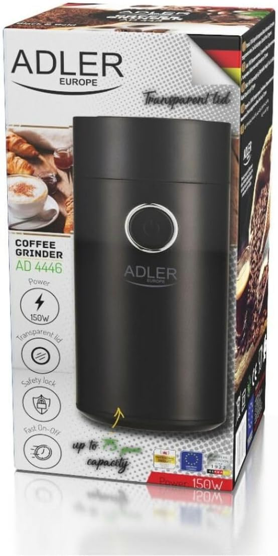 Adler AD 4446bs Elektrische Kaffeemühle aus Edelstahl, 150 W, Füllmenge bis zu 75g, Mühle für Kaffee