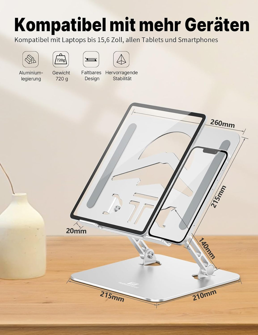 Ergonomischer Laptop Ständer aus Aluminium, Höhenverstellbar &amp; Faltbar, Stabil &amp; rutschfest, Verbess