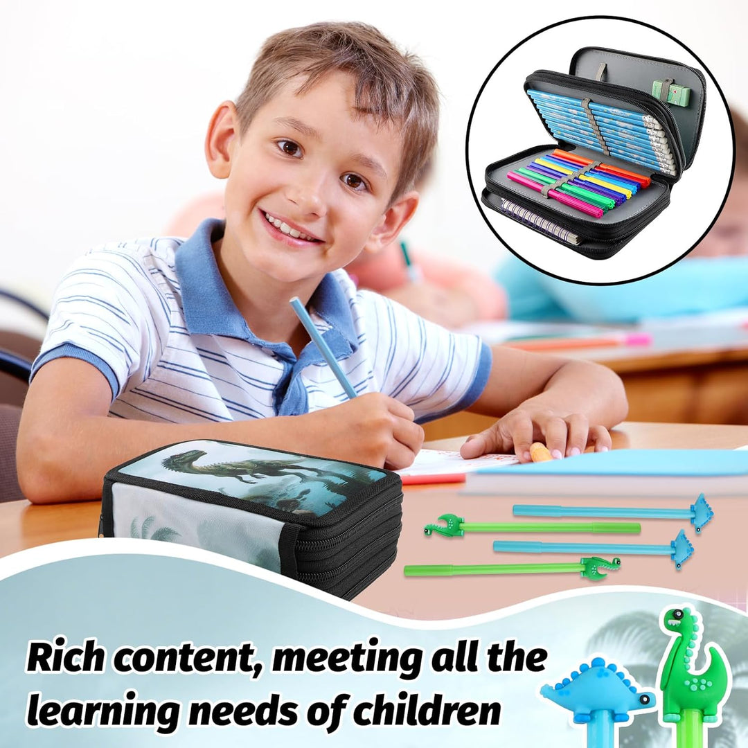 Federmäppchen Dino Kids Federmäppchen Set Federmappe Mäppchen Etui 3 Fach mit Buntstiften einem Line
