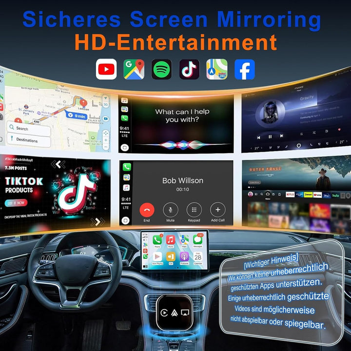4-in-1 Wireless CarPlay Adapter- Drahtloses CarPlay + AirPlay + Android Auto + MirrorLink | Plug-&-P