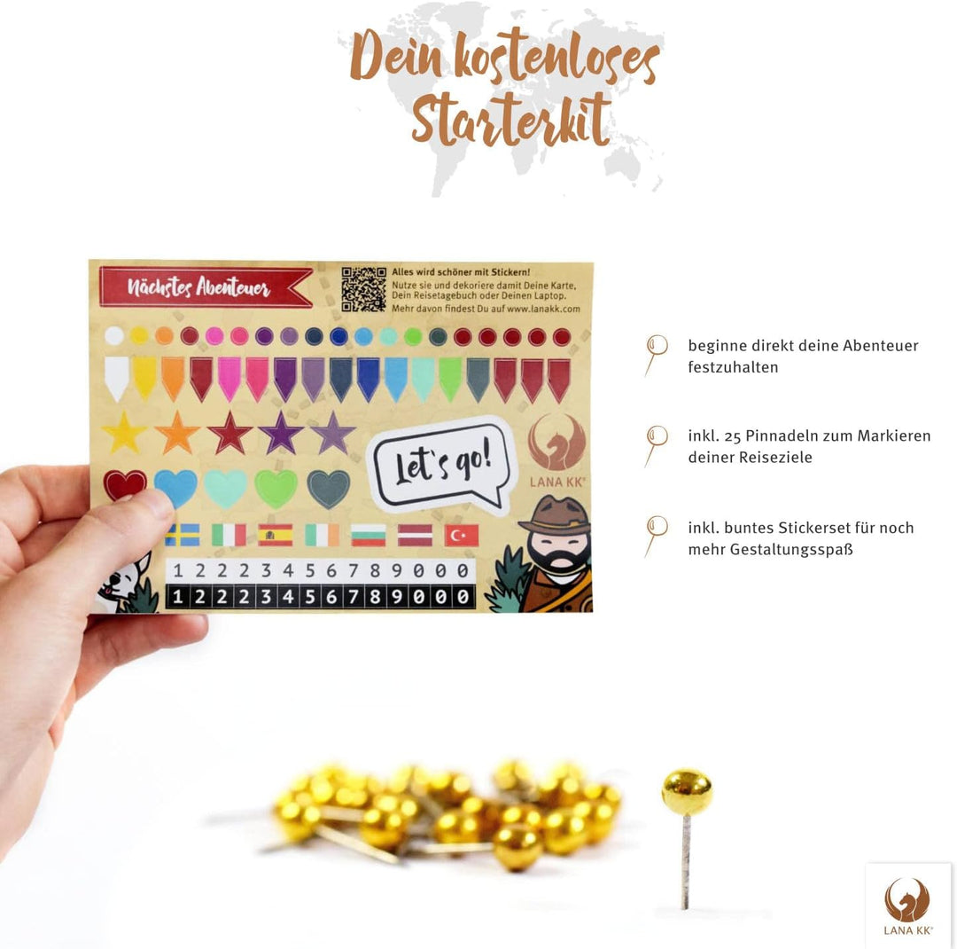 Weltkarte-Pinnwand als Leinwandbild zum pinnen der Reisen – „Weltkarte Titan” - Deutsch - Landkarten