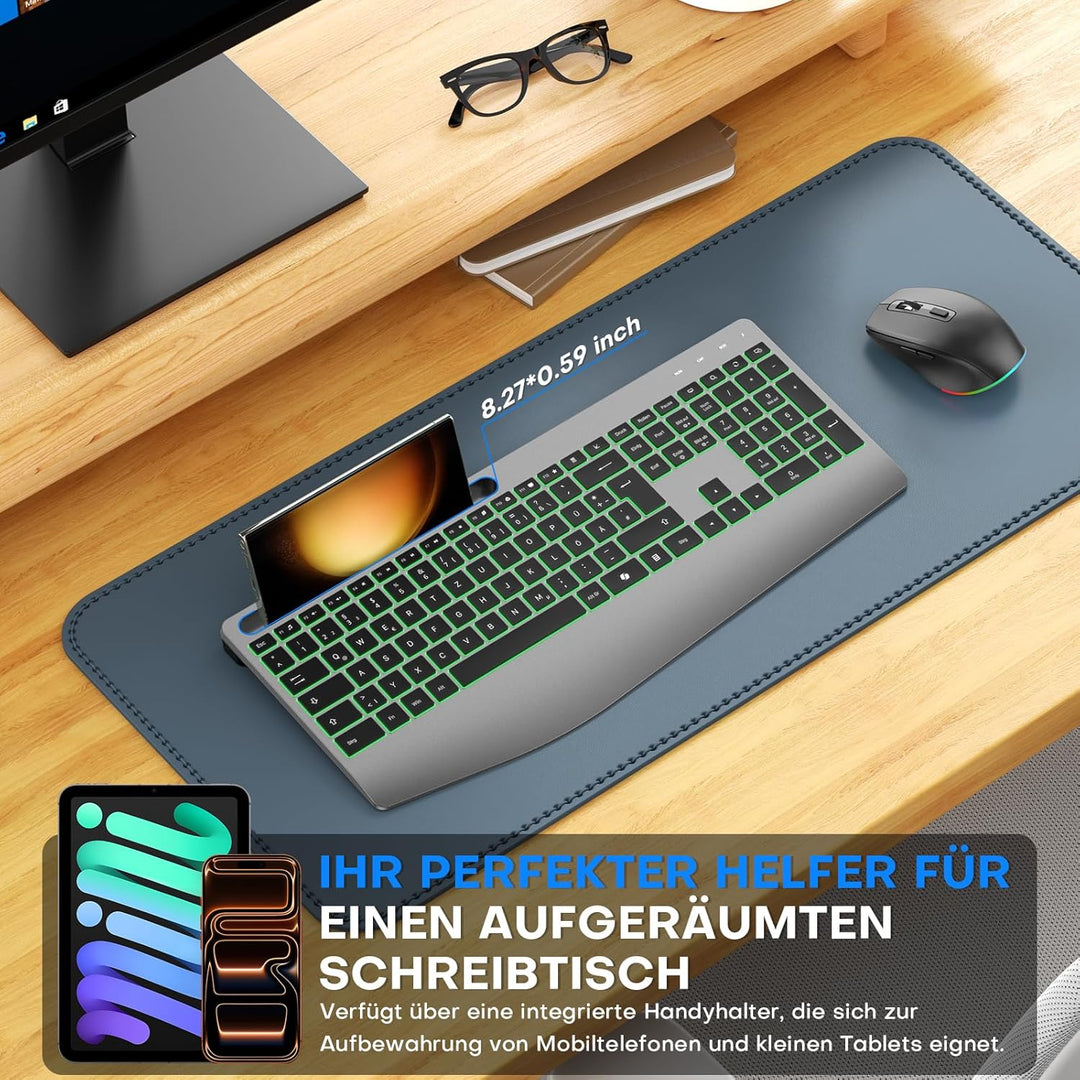 OMOTON Kabellose Tastatur und Maus Set – 2,4GHz Ergonomische Tastatur Beleuchtet mit Handballenaufla