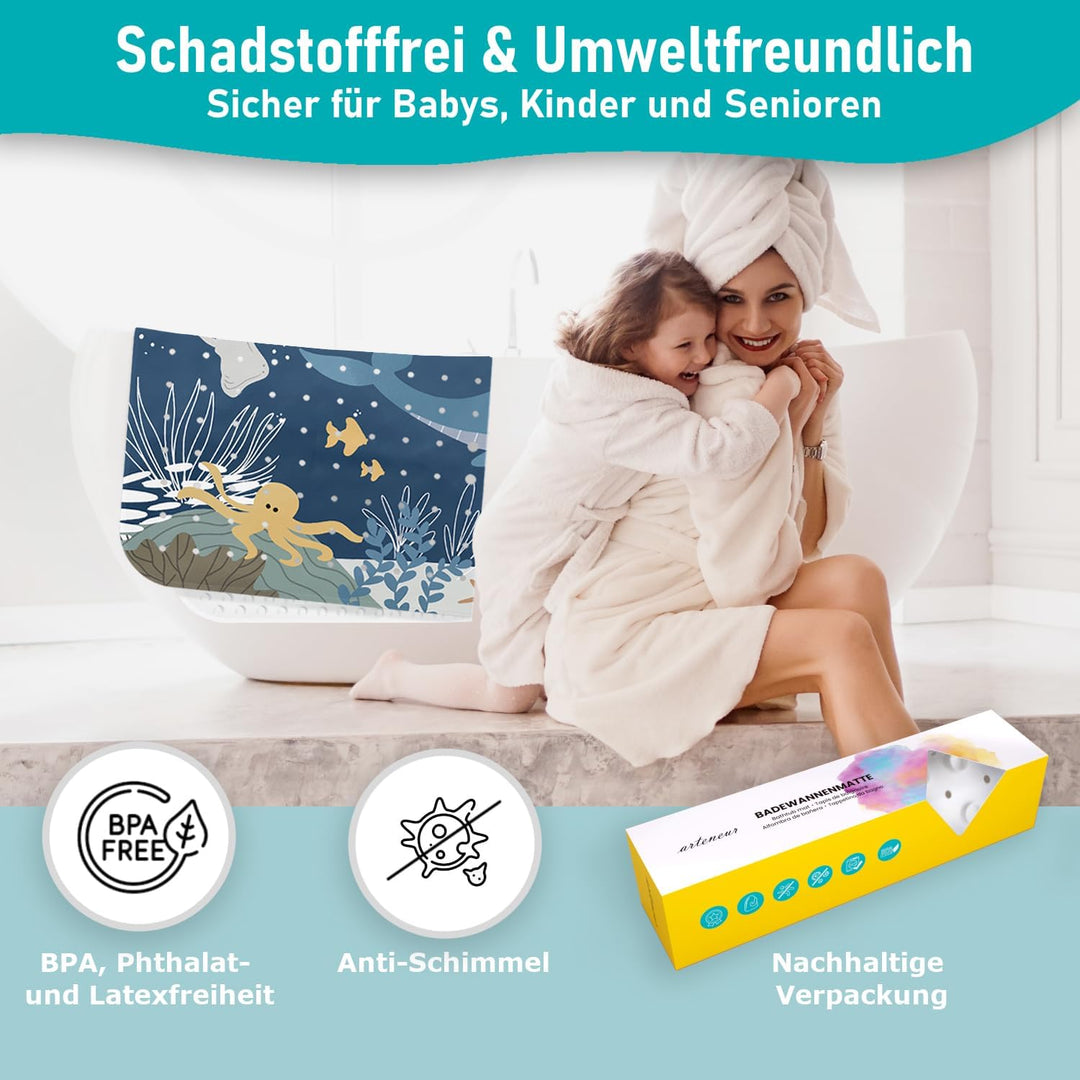 Badewannenmatte 100x40 cm Wasserwelt Blau | Badematte rutschfest | Inkl. Aufhängung | Schimmelresist