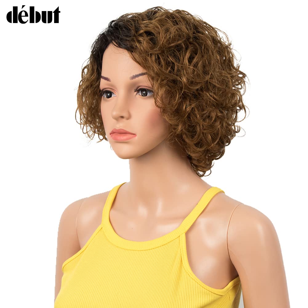 DÉBUT Kurze Bob Perücke mit Air Bangs Kurze lockige gewellte Echthaar Bob Perücke für Damen 25 cm 12