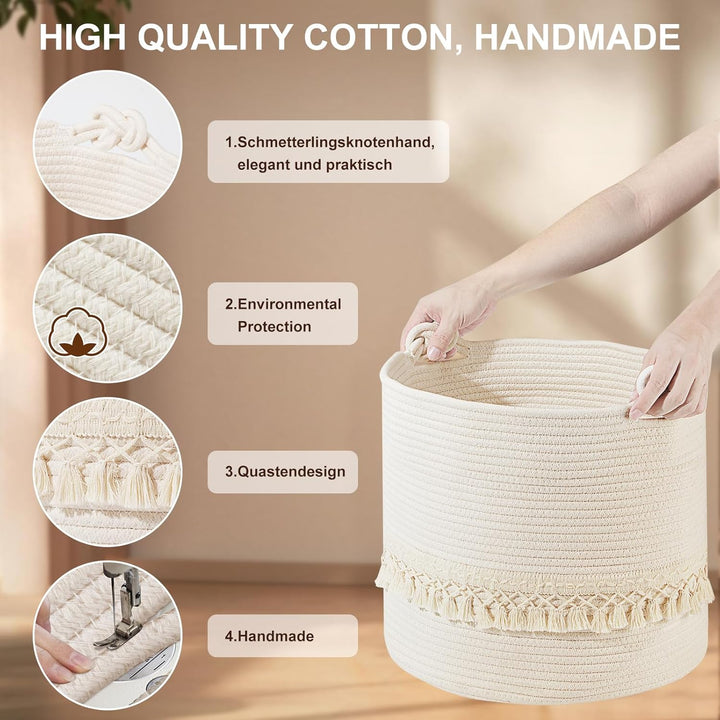 HDRNT Wäschekorb Geflochten aus Baumwolle,38L Wäschesammler mit Henkel,Pfandflaschen Aufbewahrung,Au