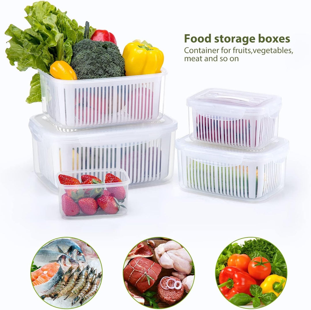 Luxear Frischhaltedosen Obst Gemüse mit Deckel Sieb, Vorratsdosen 5 Set 5,8L+3,8L+2,3L+1,3L+0,7L BPA