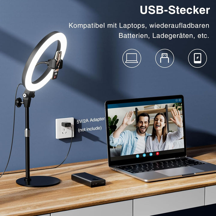 Ringlicht mit Stativ,Ring Light Tisch Selfie Licht Ringleuchte Lichtring,10.5 Zoll 3 Lichtfarben 10