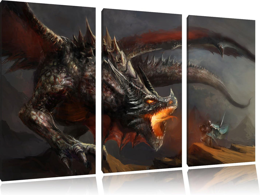 Pixxprint Kampf zwischen Mensch und Drache als Leinwandbild | Grösse: 3 Teilig (120x80) | Wandbild|