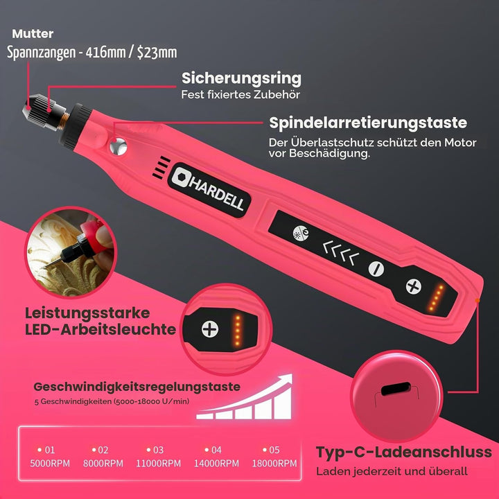 HARDELL Mini Akku Rotationswerkzeug mit LED, 5 Geschwindigkeiten (5000-18000 U/min), 3,7V Multifunkt