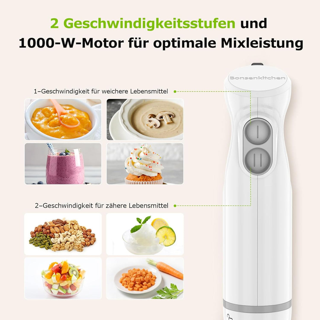 Bonsenkitchen 2-in-1 Pürierstab, 1000 W Edelstahl-Stabmixer, 2 Geschwindigkeiten, mit 700 ml Messbec