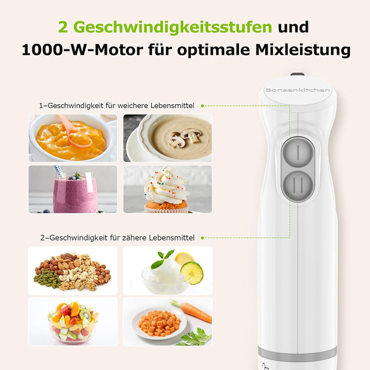 Bonsenkitchen 2-in-1 Pürierstab, 1000 W Edelstahl-Stabmixer, 2 Geschwindigkeiten, mit 700 ml Messbec