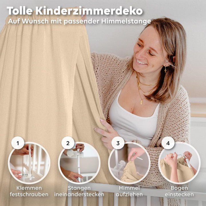 Betthimmel Babybett [in 12 Farben] Himmel Babybett aus 100% Baumwolle Musselin - Betthimmel Mädchen