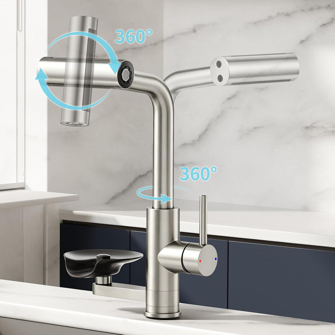 360° drehbarer Wasserhahn Küche ausziehbar mit Brause, wasserfall Mischbatterie Küche mit Gläserspül