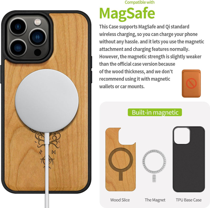 Carveit Holz Cover für iPhone 15 Pro Max hülle, Kompatibel mit Magsafe Silikon Stossfeste Cover, Mag