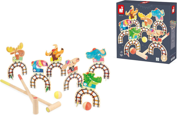 Janod - Kinder-Krocketspiel Applepop - Geschicklichkeitsspiel - 6 Tore + 2 Schläger + 2 Bälle - Förd
