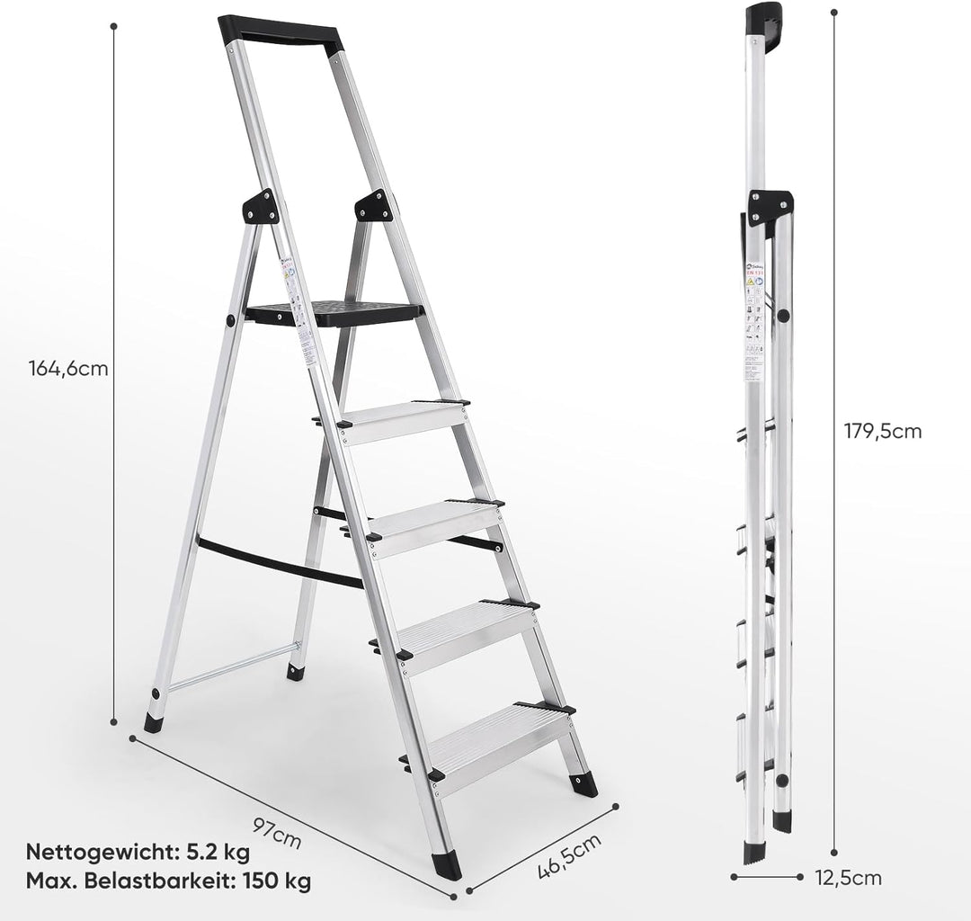 Sekey Klappbare Aluminium Trittleiter 5 Stufen (160 cm), Stabil & rutschfest, mit Werkzeugablage, bi