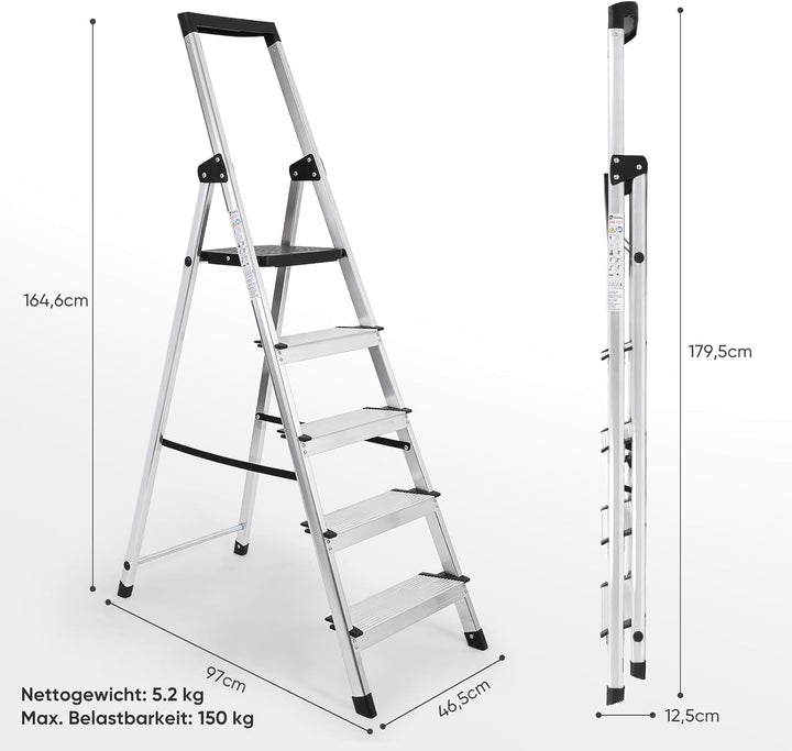 Sekey Klappbare Aluminium Trittleiter 5 Stufen (160 cm), Stabil & rutschfest, mit Werkzeugablage, bi