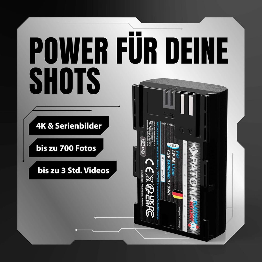 PATONA Platinum USB-C Akku LP-E6 Kompatibel mit Canon EOS R 7D 6D 5D Mark II III 80D