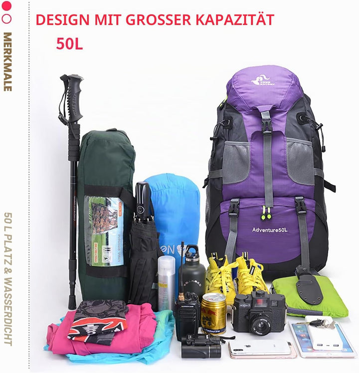 Bseash 50L Leichter wasserfester Wanderrucksack, Outdoor Sport Tagesrucksack Multifunktions Reisetas