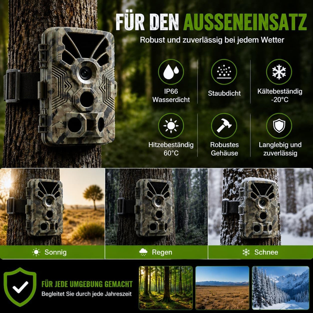 BlazeVideo Wildkamera 64MP 4K mit 0,1s Auslösezeit, 120° PIR-Erfassung, Nachtsicht, wetterfestes Geh