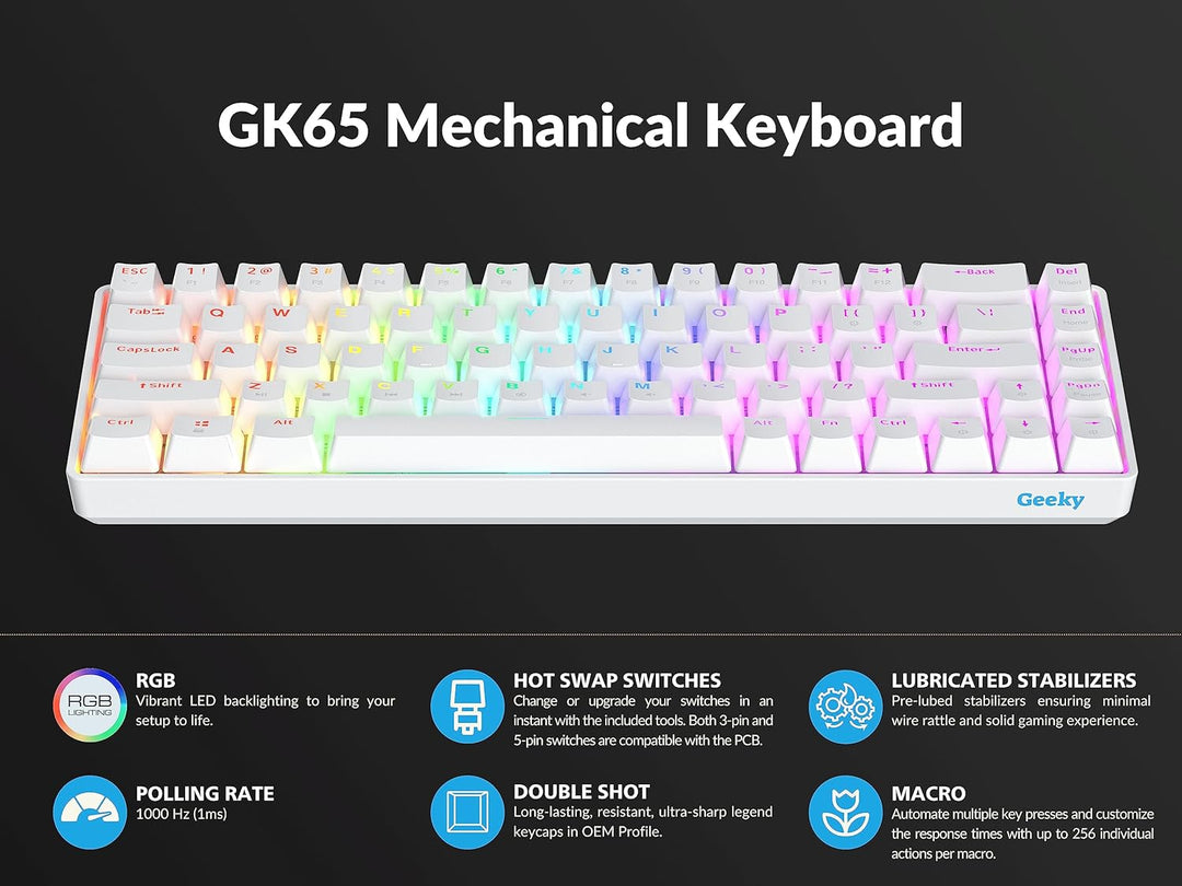 Geeky GK65 65% | Hot Swappable Mechanische Gaming-Tastatur | 68 Tasten Multi Color RGB LED Hintergru