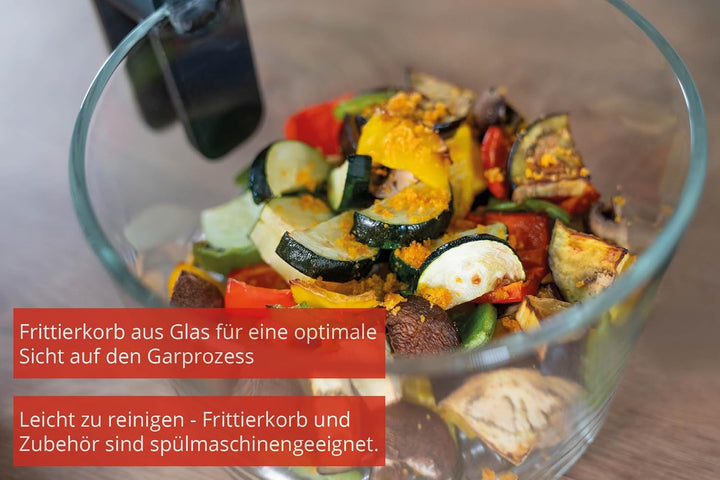 Unold 58695 Glas Heissluftfritteuse BPA-frei - Air fryer,1.200 Watt, LED-Touchscreen, 10 Automatikpr