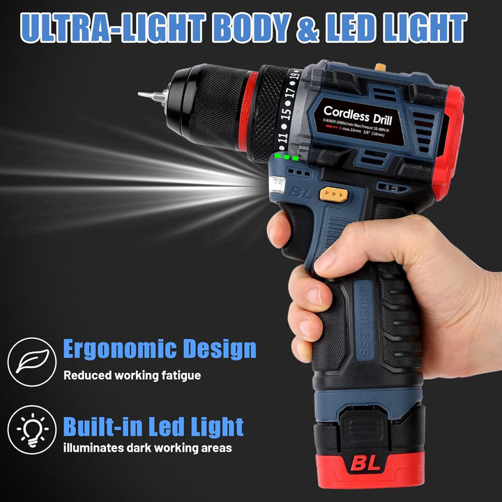 Akku Bohrschrauber mit Bürstenloser Motor - 16.8V Akku Bohrmaschine Bürstloser mit 2000mAh Akkus, 60