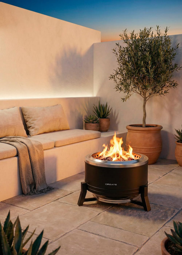 CREATE Fire Pit Round-Feuerschale, 12 kW, für den Aussenbereich, rauchfreies Pellets, kompatibel mit