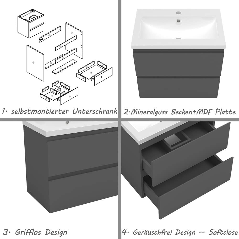 Waschtisch mit Unterschrank 60 cm Badmöbel Set mit Waschbecken Mineralguss Gäste WC Anthrazit Matt 6