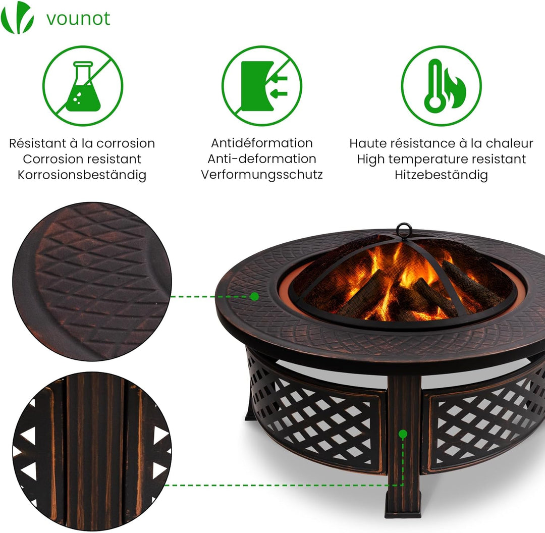 VOUNOT® Feuerschale Ø 81 cm mit Funkenschutz und Schürhaken Metall Feuerkorb Feuerstelle für den Gar