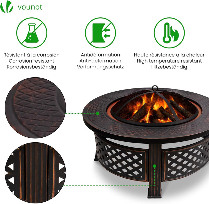 VOUNOT® Feuerschale Ø 81 cm mit Funkenschutz und Schürhaken Metall Feuerkorb Feuerstelle für den Gar