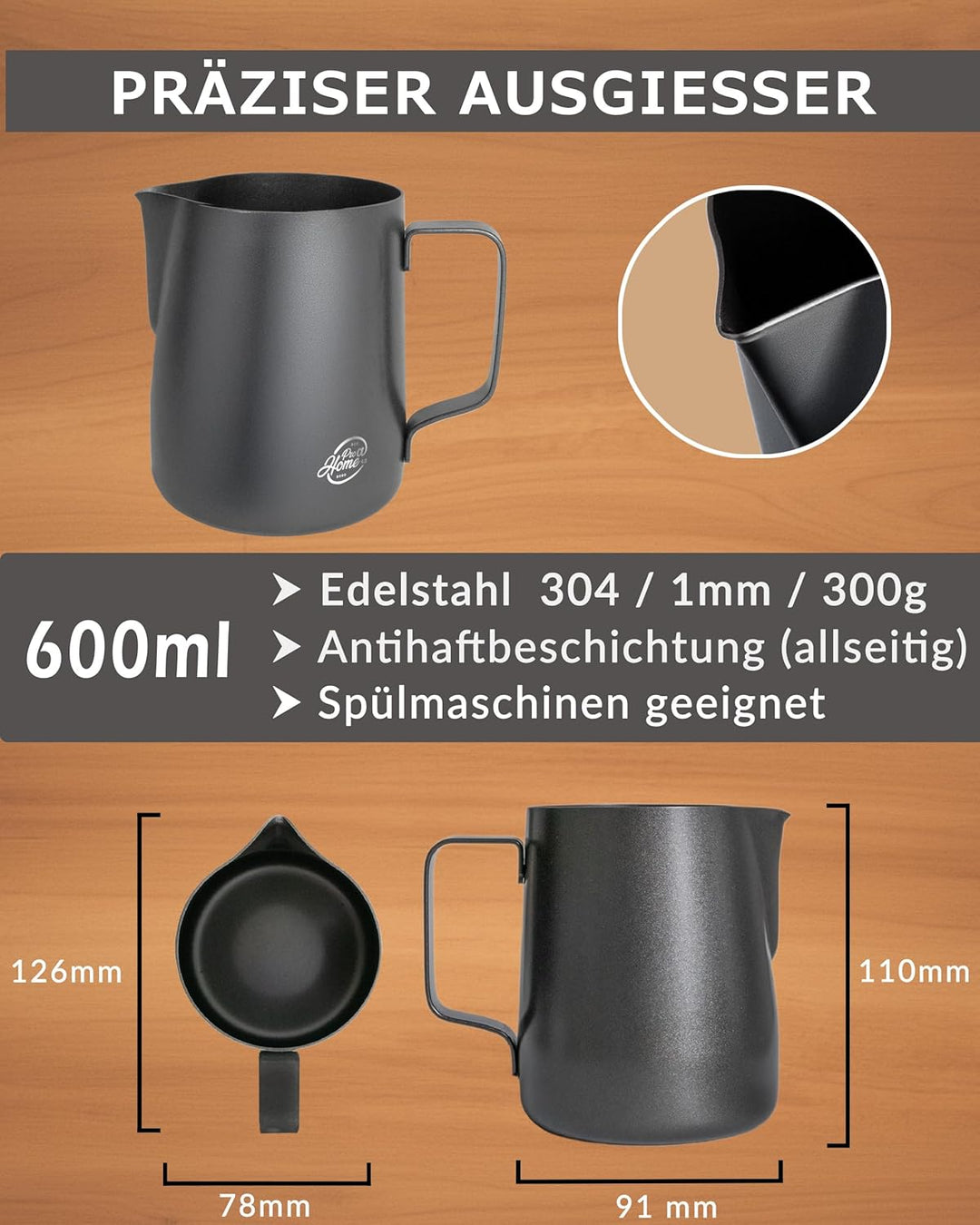 Pro@Home43 Barista Milchkännchen Edelstahl schwarz anthrazit 600ml (auch 350ml) inkl. Latte Art Stif