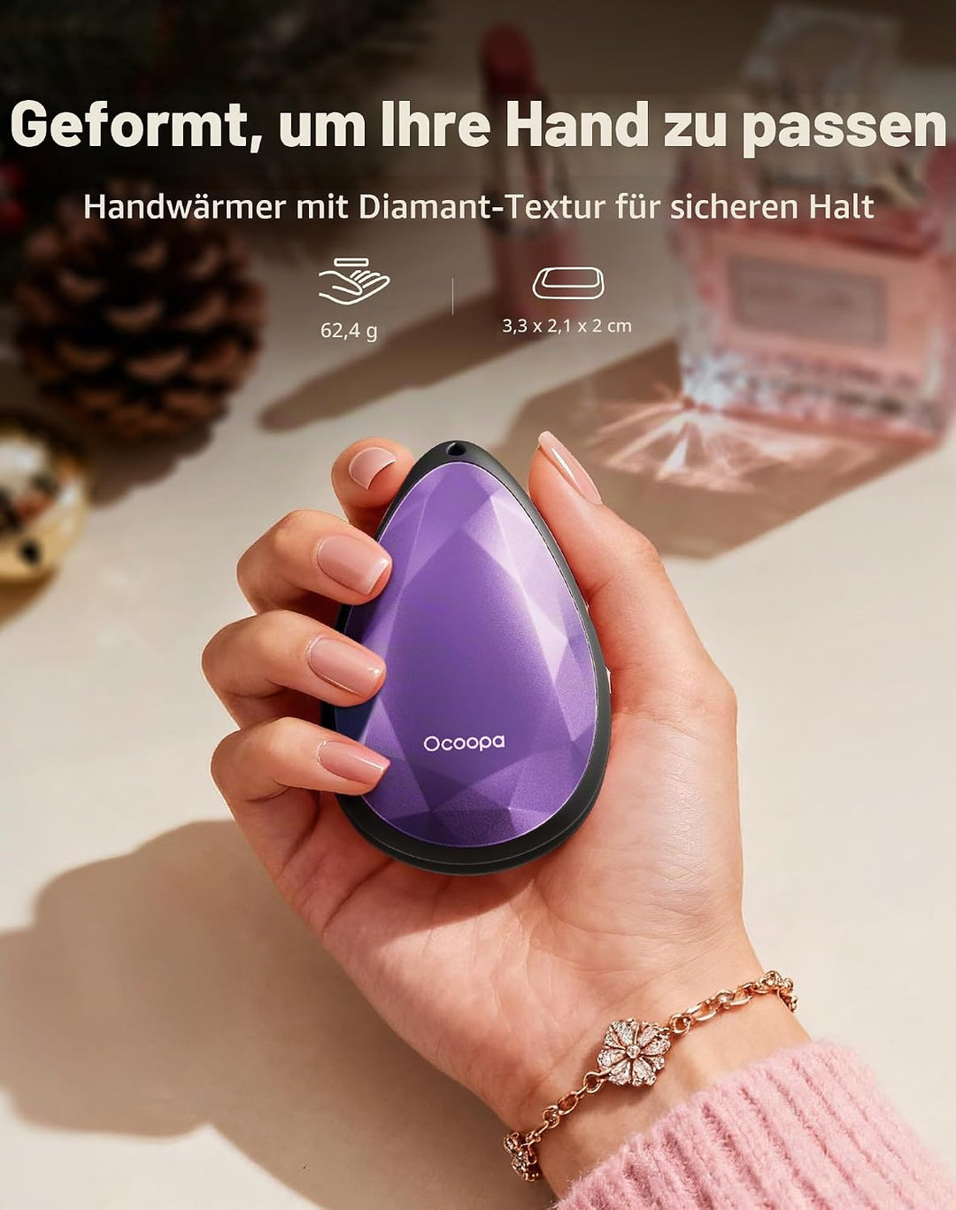 OCOOPA Damen Handwärmer Elektrisch 2er-Pack, Stylisch, Diamantform Mit Magnet, Wiederaufladbar und W