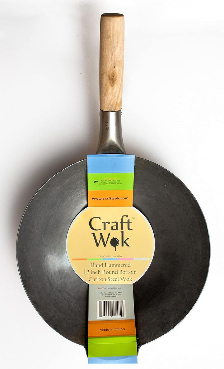 Craft Wok Traditioneller handgehämmerter Karbonstahl Pow Wok mit Holz- und Stahl-Helfergriff (30,5 c