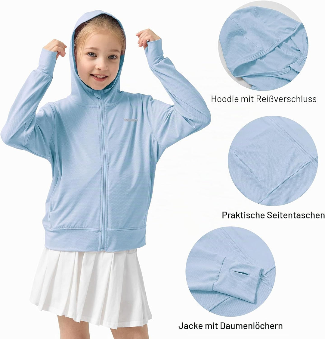 Rolanko Mädchen Sommerjacke mit Daumenlöchern Langarm Sonnenschutz Schnell Trocknend Reissverschluss