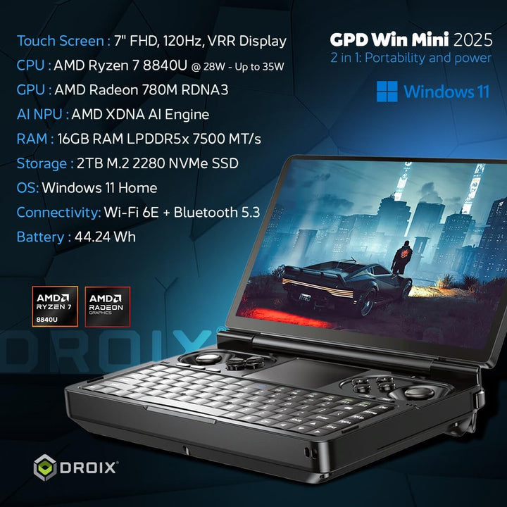 GPD Win Mini 2025 Handheld Gaming PC, AMD Ryzen 7 8840U, 8C/16T bis zu 5.1GHz, Radeon 780M GPU, 16GB