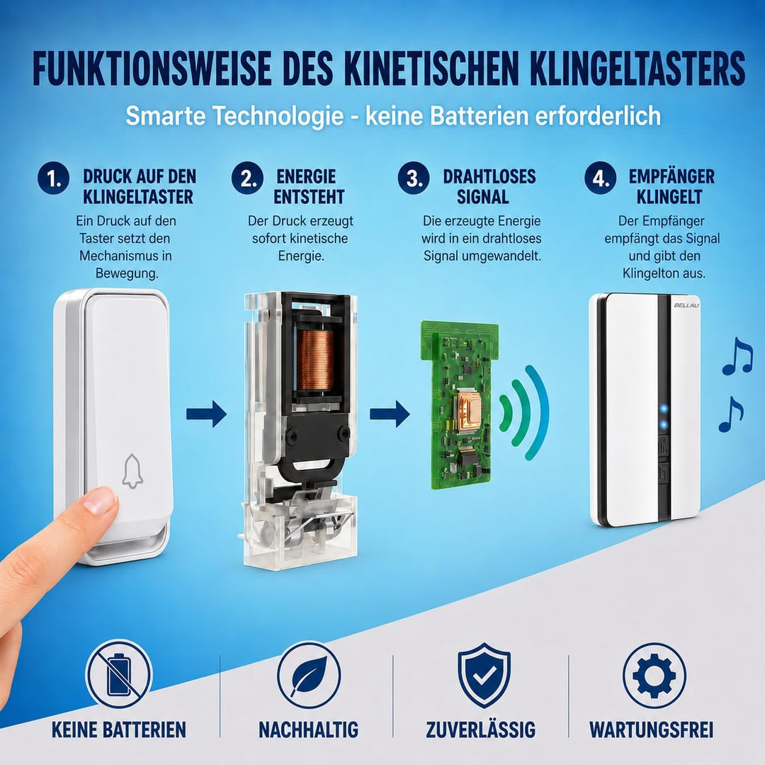 Funkklingel Set, batterielos, 1 Sender, 4 Empfänger | Keine Batterien erforderlich, 200 m Reichweite