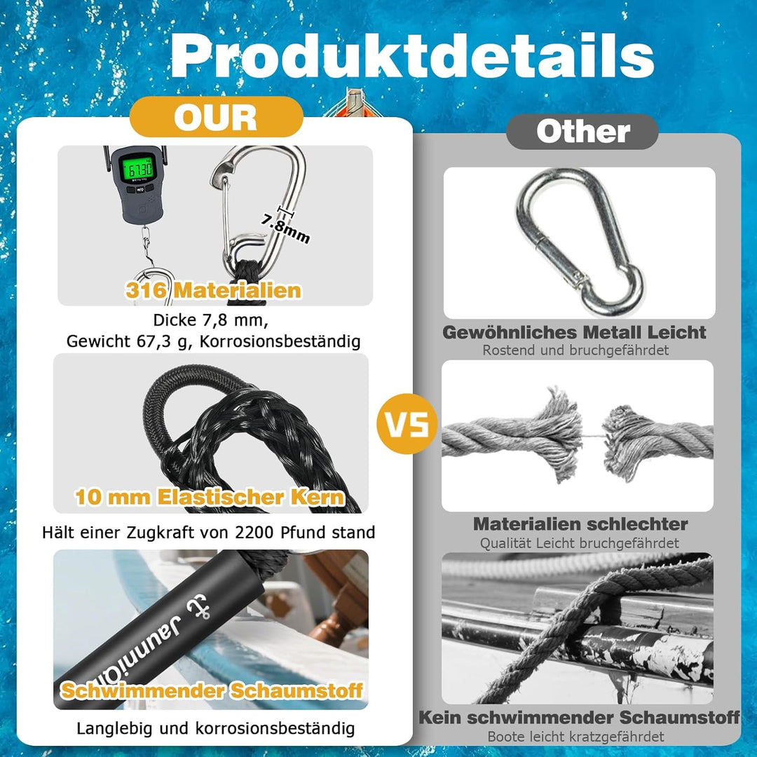 Bungee Boat Dock Line mit 316 Edelstahlclip Bootszubehör,213cm Anlegeleine für Boote, PWC, Kajak, Se