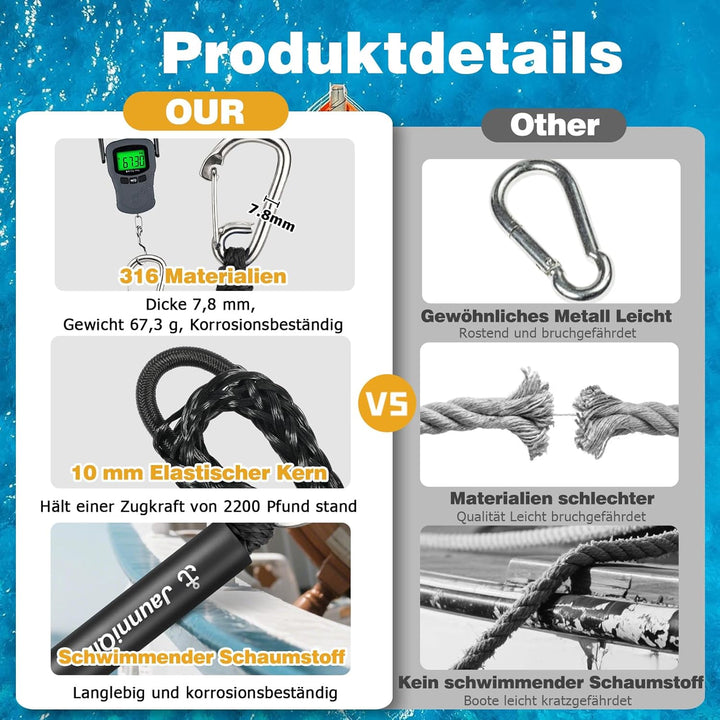 Bungee Boat Dock Line mit 316 Edelstahlclip Bootszubehör,213cm Anlegeleine für Boote, PWC, Kajak, Se