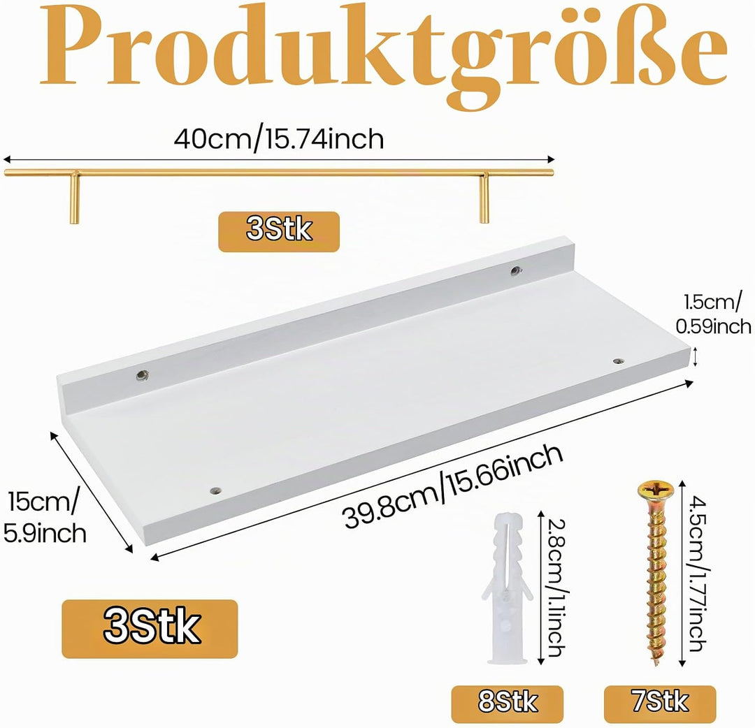 3er Set Wandregal Weiss wand regale Holz Schweberegal 40x15cm regalbrett Weiss holzregal wand Wandbo