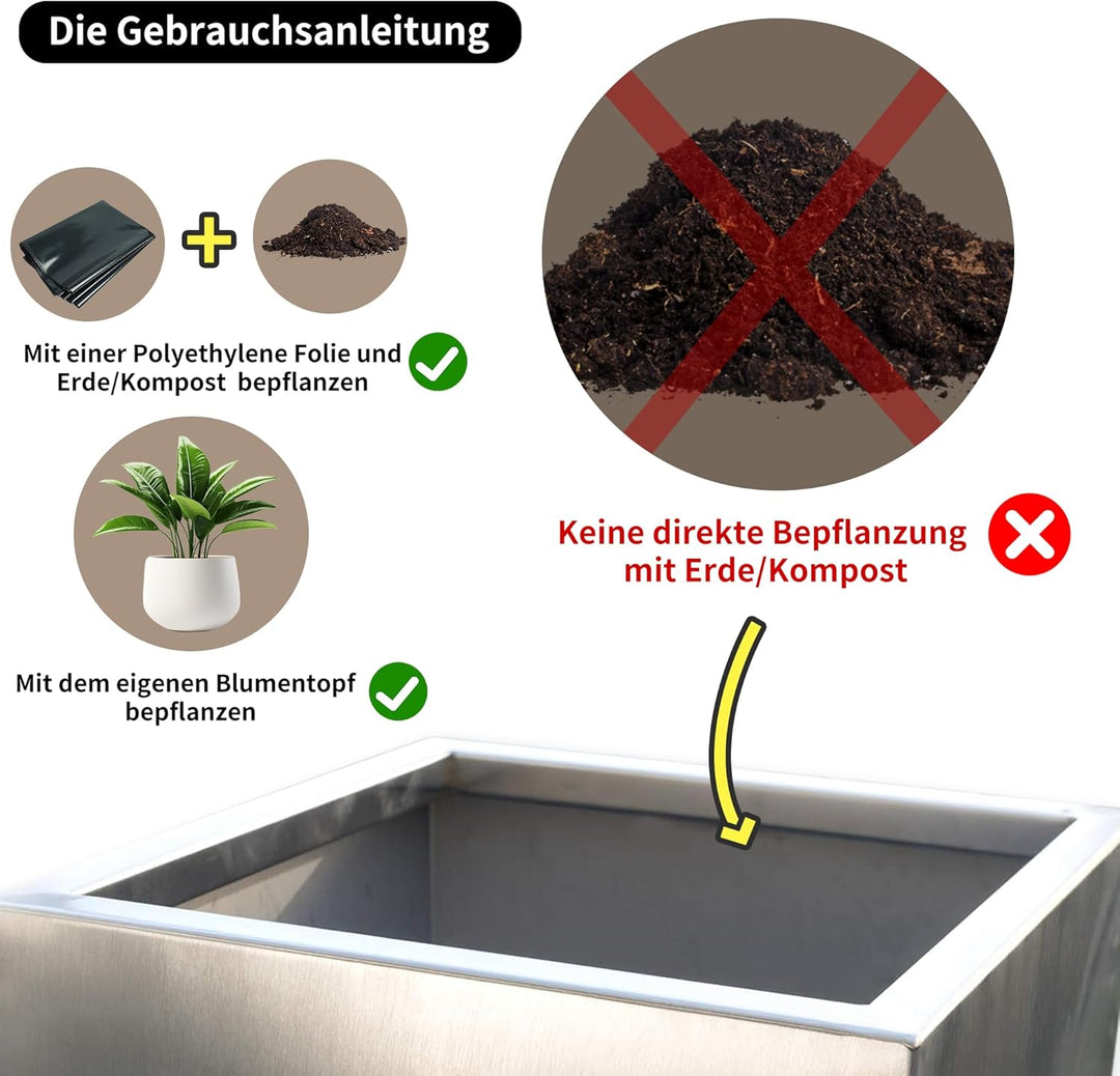 Köhko® Designer-Pflanzkübel aus Edelstahl Viva 45x45x80 cm | matt gebürsteter Blumengefäss eckig &amp; g