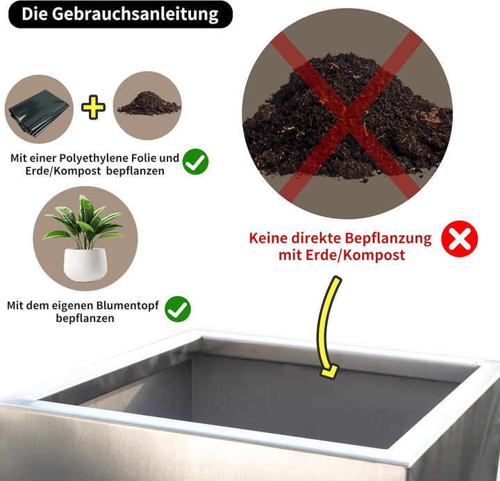 Köhko® Designer-Pflanztrog aus Edelstahl Viva 80 x 36 x 32 cm | matt gebürsteter Pflanzkübel eckig &amp;