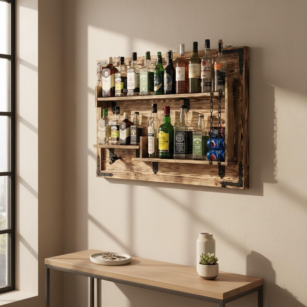 Holzregal Hausbar zum Hängen - Handgemacht Rustikale Stil Wand Bar Flaschenregal Holz - Weinbar Rega