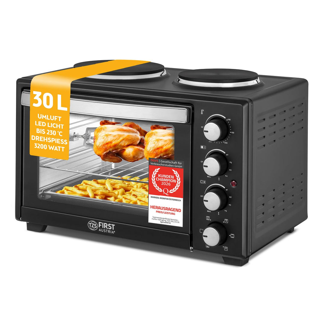 TZS First Austria Minibackofen 30 Liter 3200 Watt Mini-Backofen mit Kochplatten, Krümelblech, Drehsp