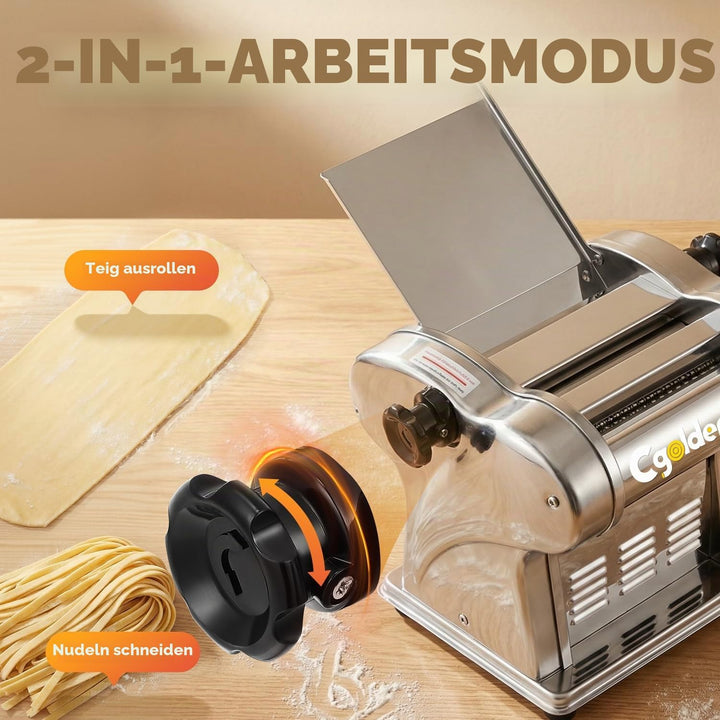 CGOLDENWALL Elektrische Nudelmaschine Frische Edelstahl-Teigausrollmaschine mit 2 Klingen von 1.5 mm
